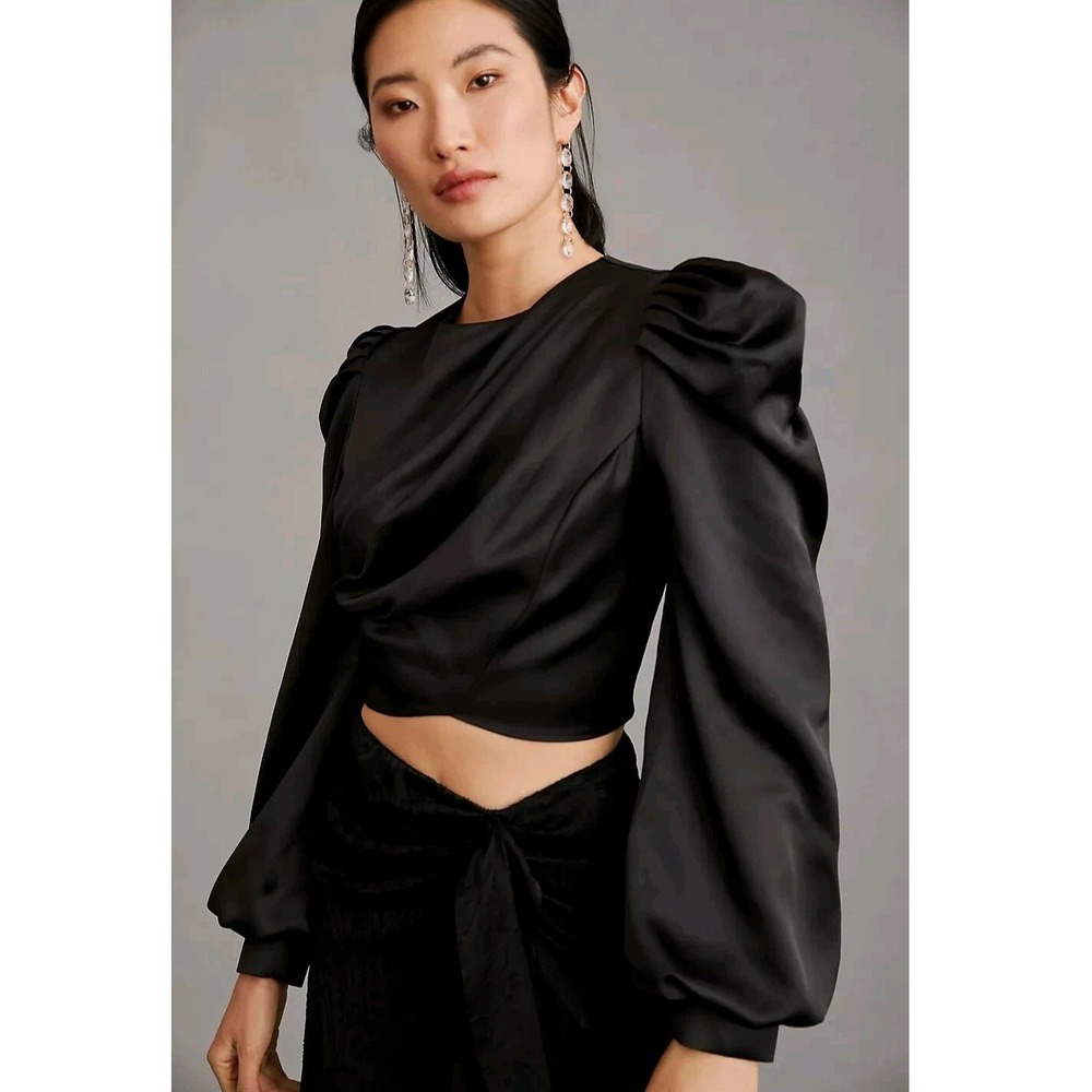 Draped Puff Sleeve Satin Crop Top Womens S Black High Neck Back Zip Avant Garde